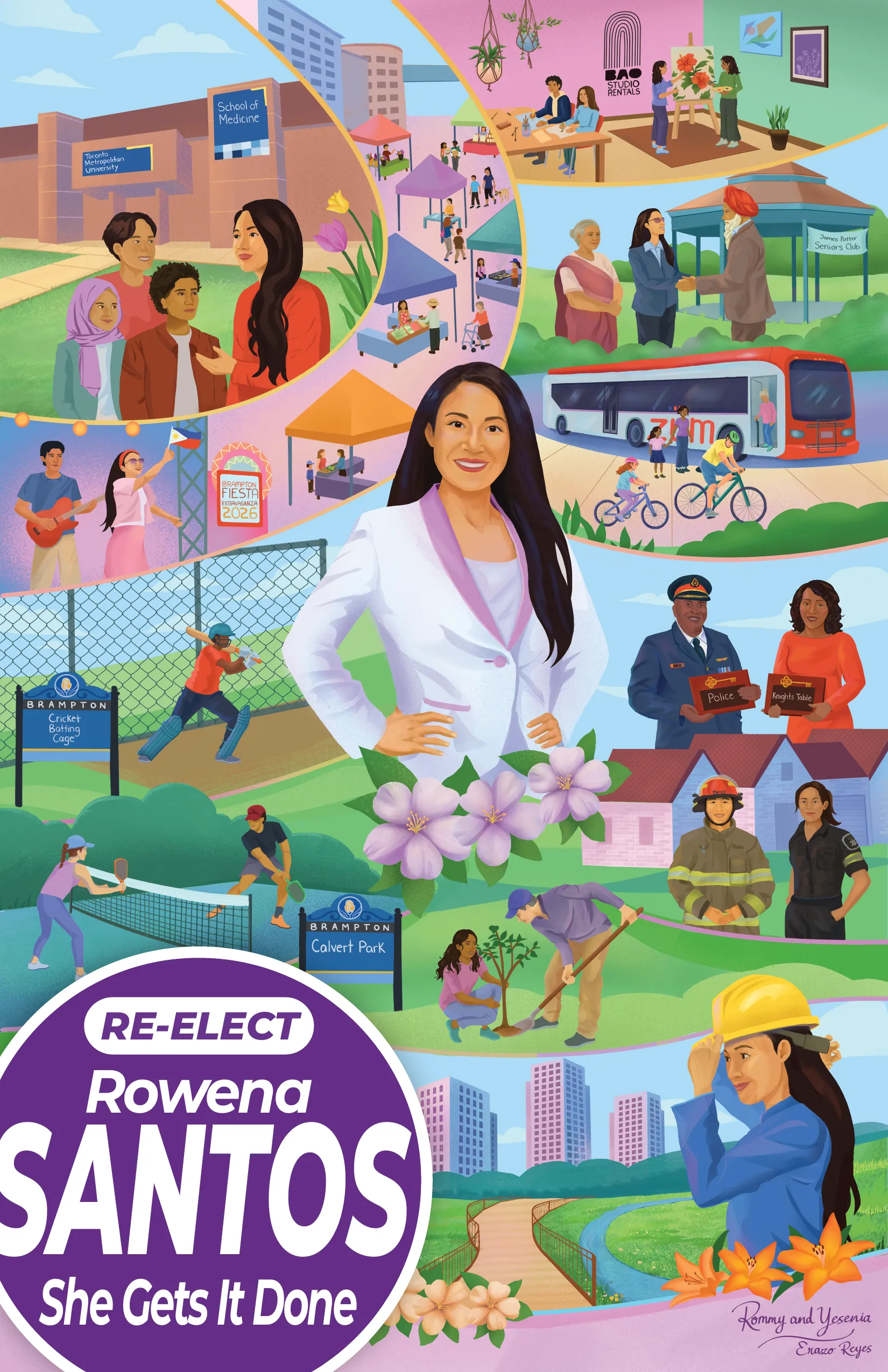The Rowena Santos campaign poster: Rowena at the centre, surrounded by illustrated scenes of Brampton including the School of Medicine, a Züm bus, Calvert Park, first responders and Riverwalk.